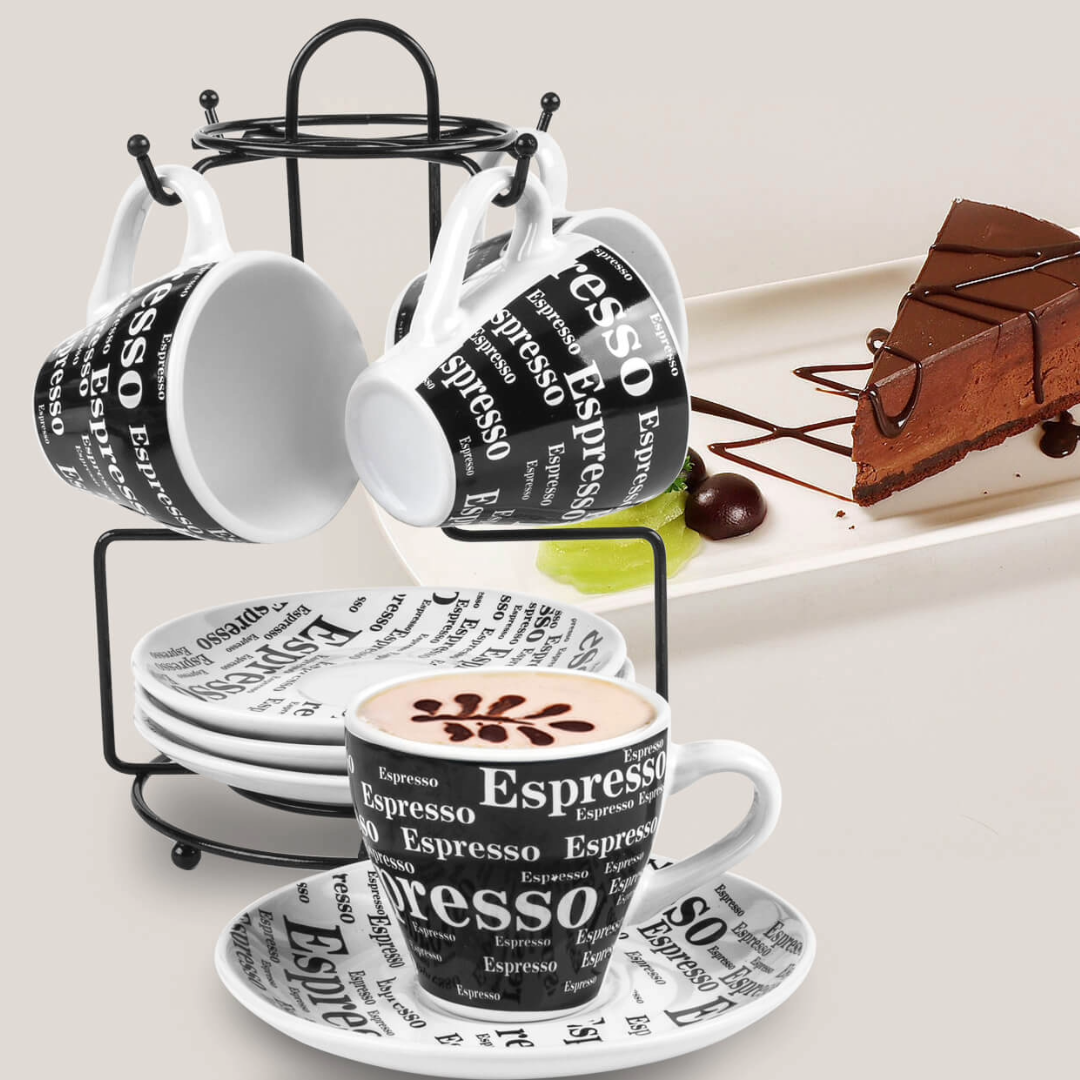 
                  
                    Bene Casa 9-Piece Black & White Espresso Design Demitasse Cup and Saucer Set with Stand
                  
                