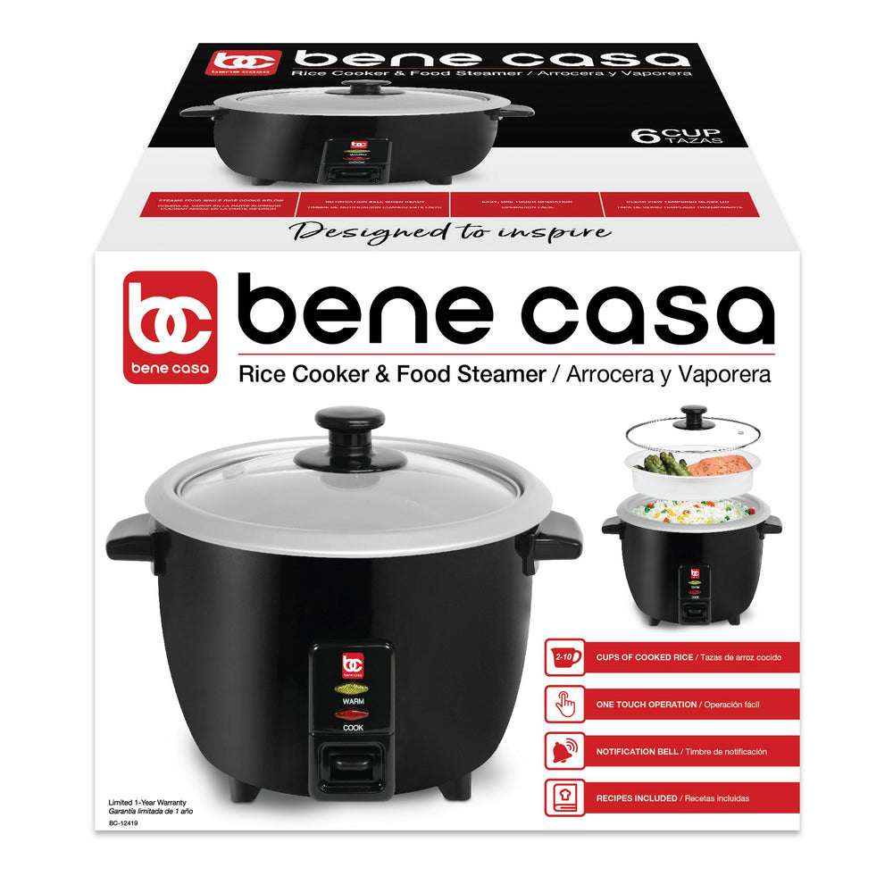 Bene Casa Rice Cooker with glass lid, steamer, auto cut off, keep warm