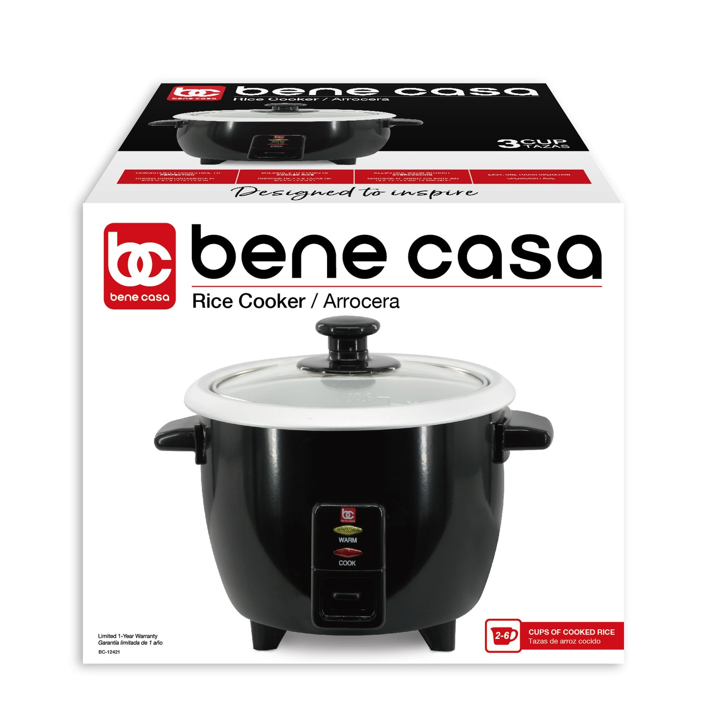 Bene Casa 3-Cup Stainless Steel Thermo Rice Cooker with Clear Lid