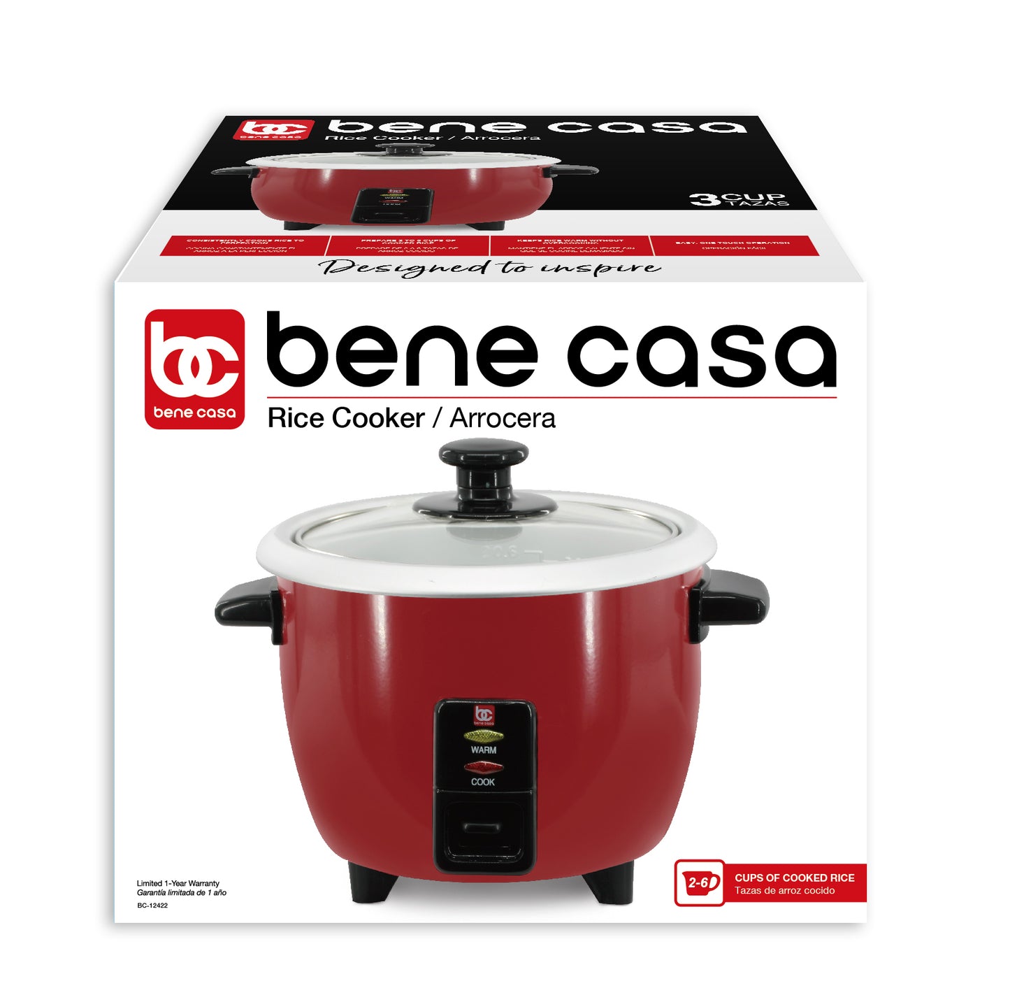 Bene Casa 7 cup stainless-steel thermo rice cooker, stainless steel and  black design, cool touch rice cooker, simple operation, dishwasher safe.