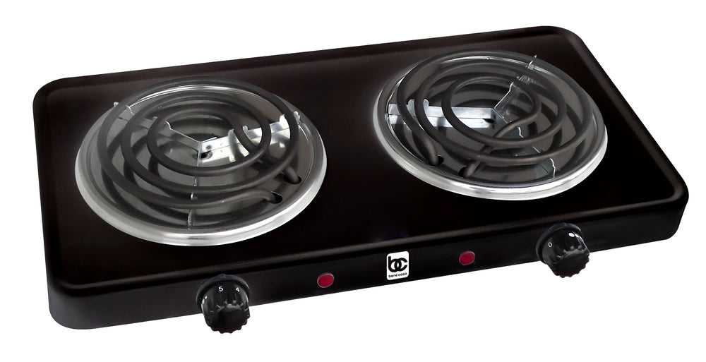 Bene Casa double electric burner in black, double burner coils, portable double electric burner, dual controls, stainless steel drip tray