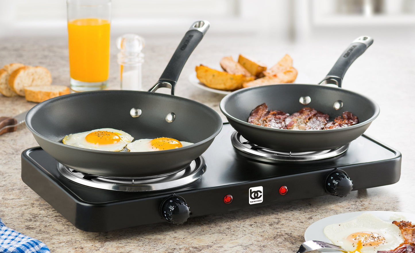 
                  
                    Bene Casa double electric burner in black, double burner coils, portable double electric burner, dual controls, stainless steel drip tray
                  
                