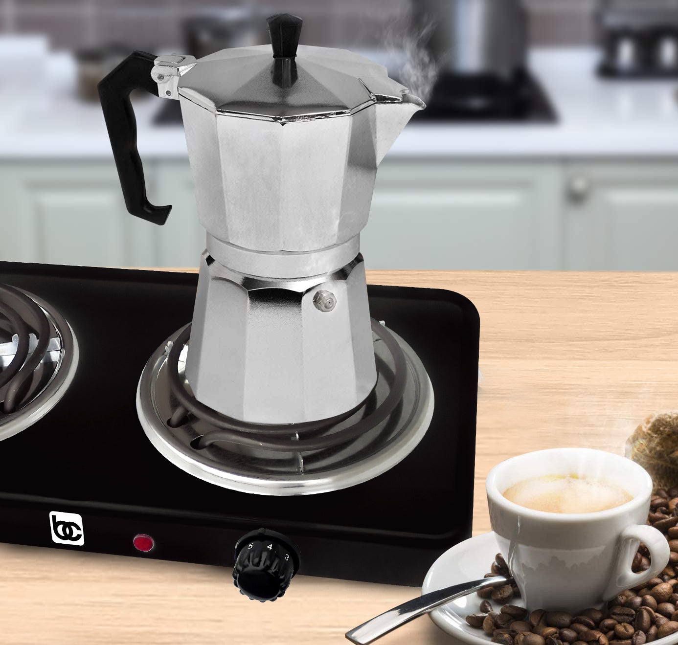 
                  
                    Bene Casa double electric burner in black, double burner coils, portable double electric burner, dual controls, stainless steel drip tray
                  
                