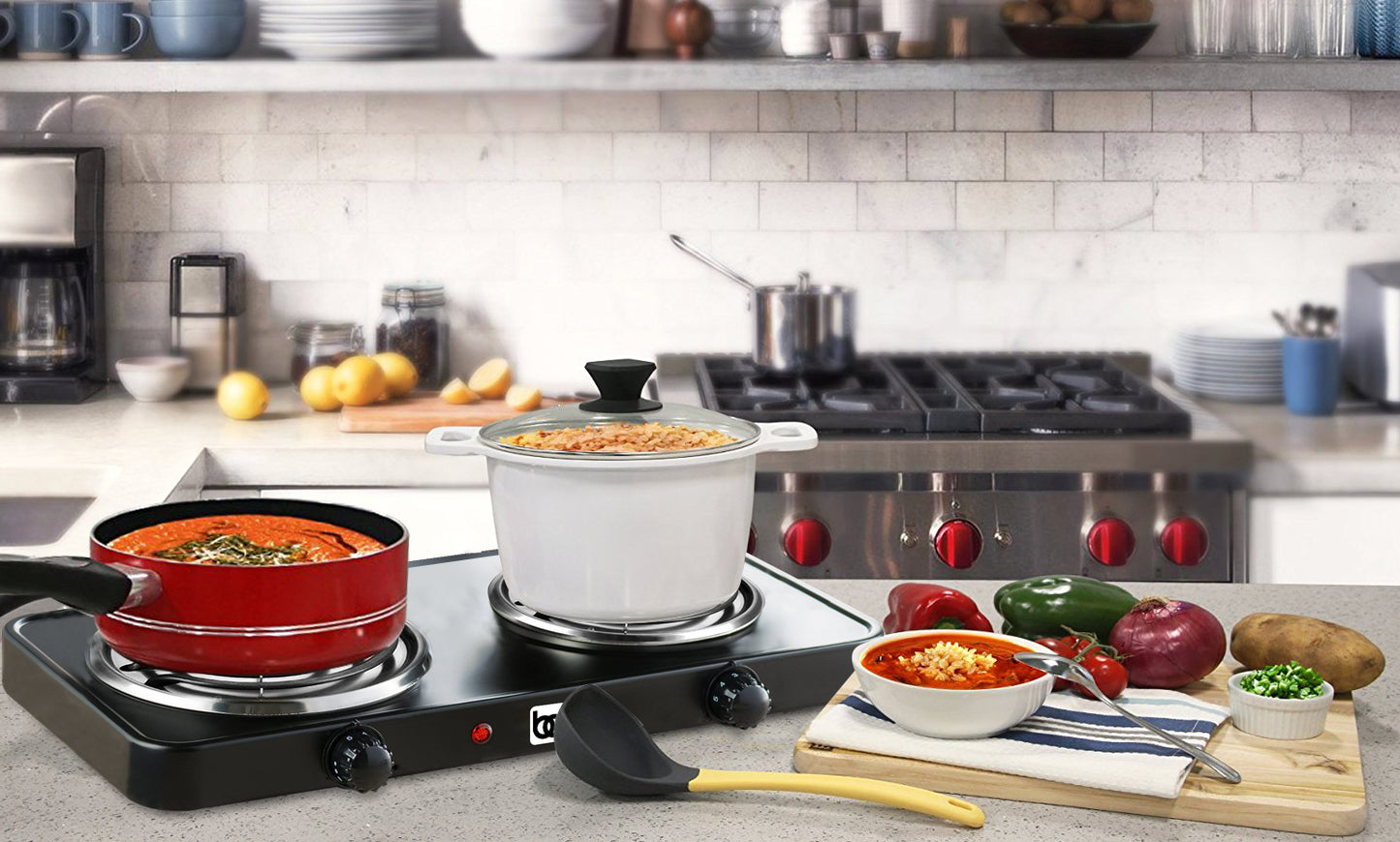 
                  
                    Bene Casa double electric burner in black, double burner coils, portable double electric burner, dual controls, stainless steel drip tray
                  
                
