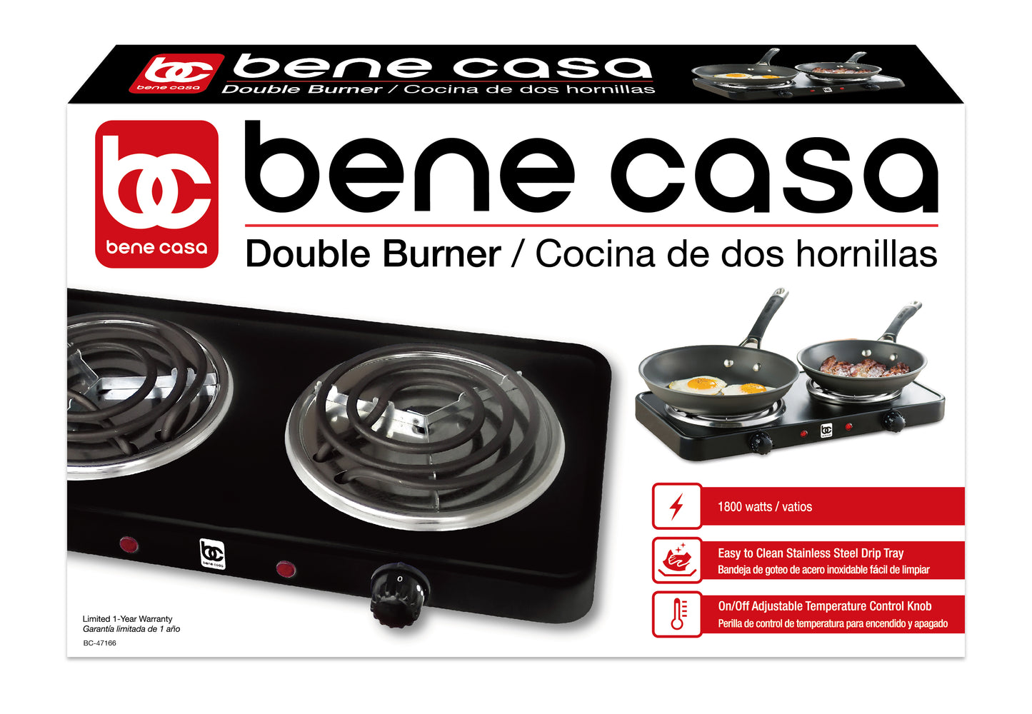 Bene Casa double electric burner, double burner coils, stainless steel