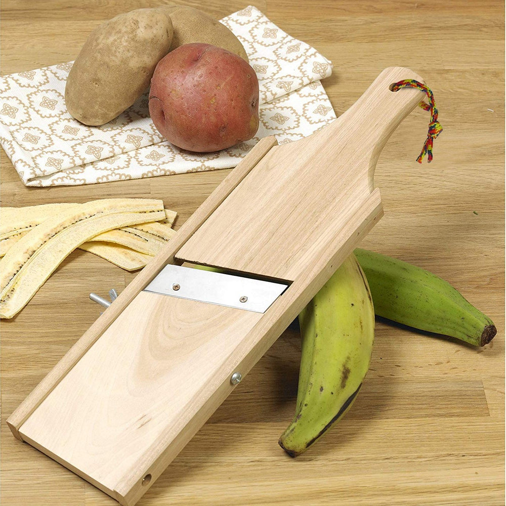 Bene Casa 14-inch wooden plantain slicer, adjustable blade, wooden mandolin