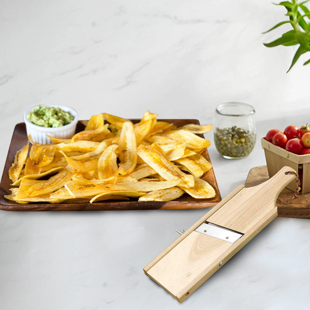 Bene Casa 14-inch wooden plantain slicer, adjustable blade, wooden mandolin