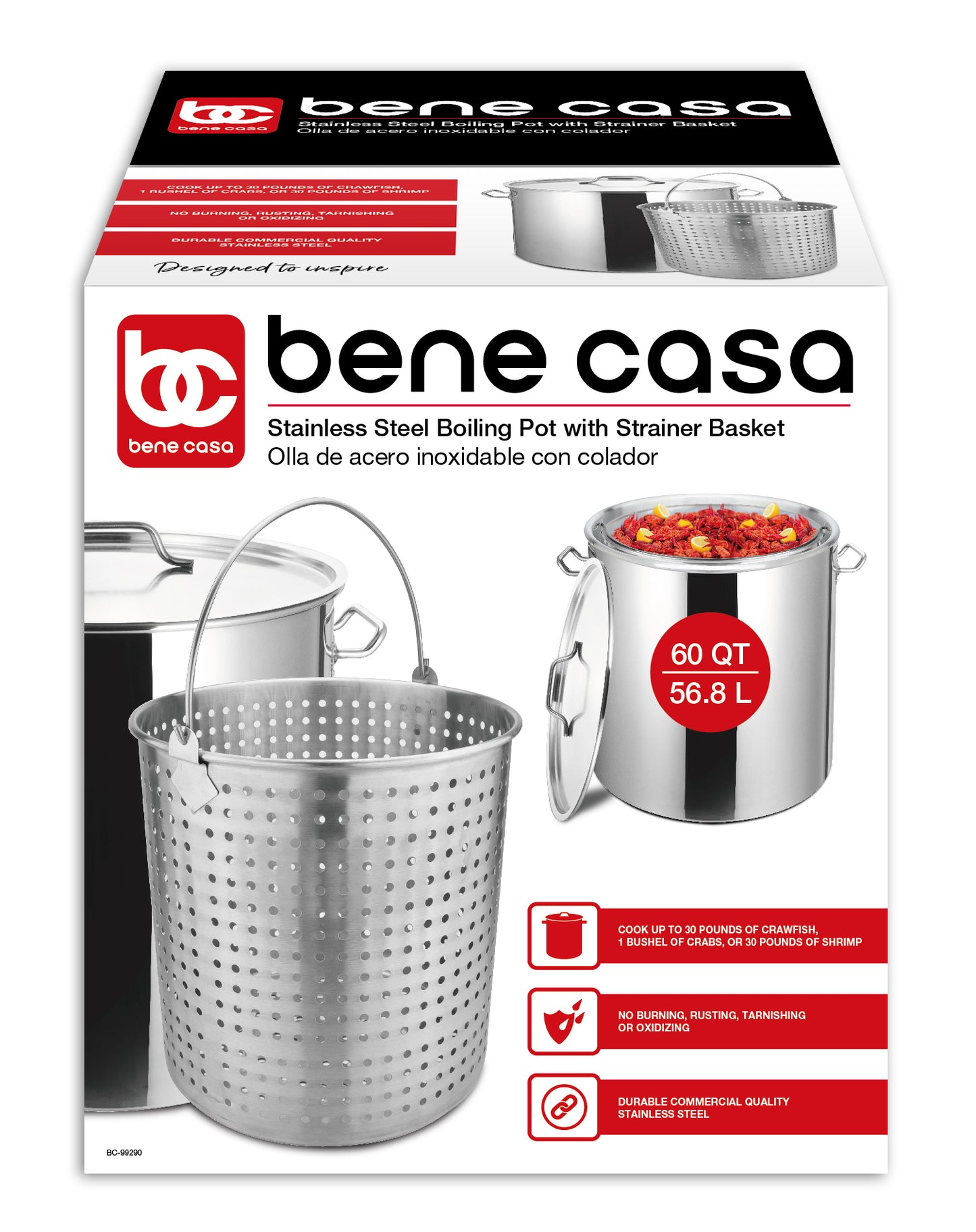 Bene Casa 60Qt Stainless Steel Boiling Pot with Strainer Basket and Li