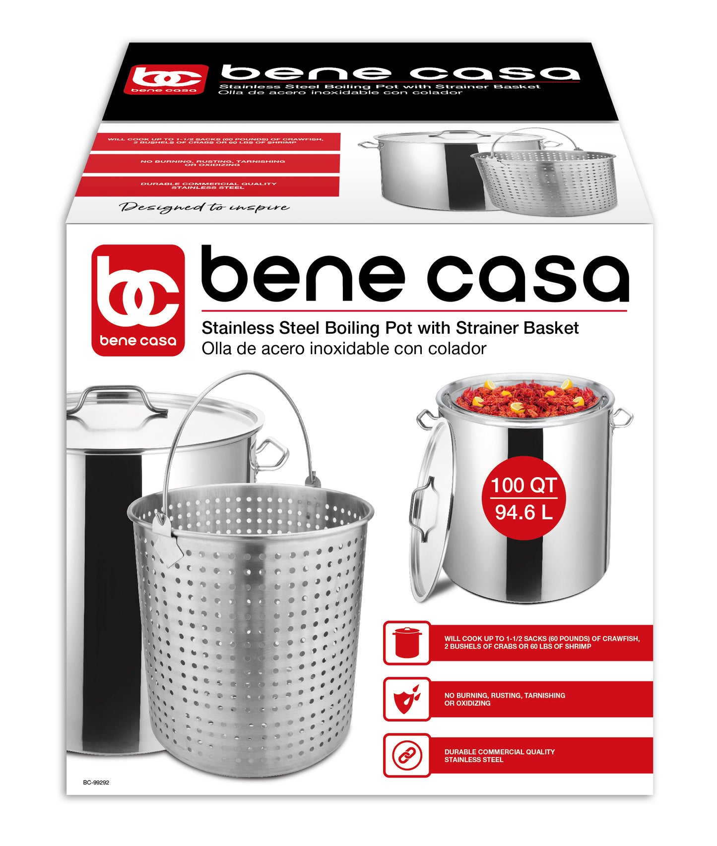 Bene Casa Stainless-Steel Stock Pot w/ lid, 8-quart capacity, reinforced  bottom