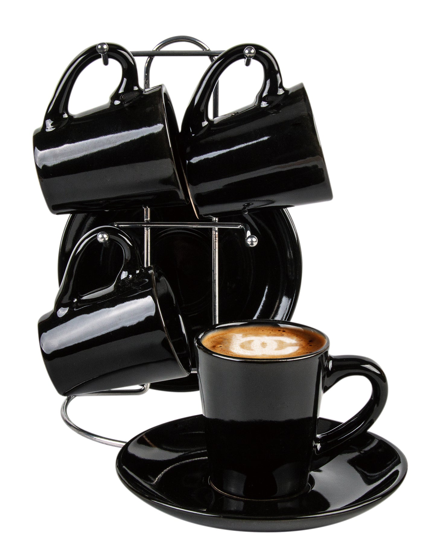 
                  
                    Bene Casa 9-piece Espresso set with metal stand, 4 espresso cup set, cup and saucer set,4-person espresso set, dishwasher safe, High Glaze Coffee Logo
                  
                