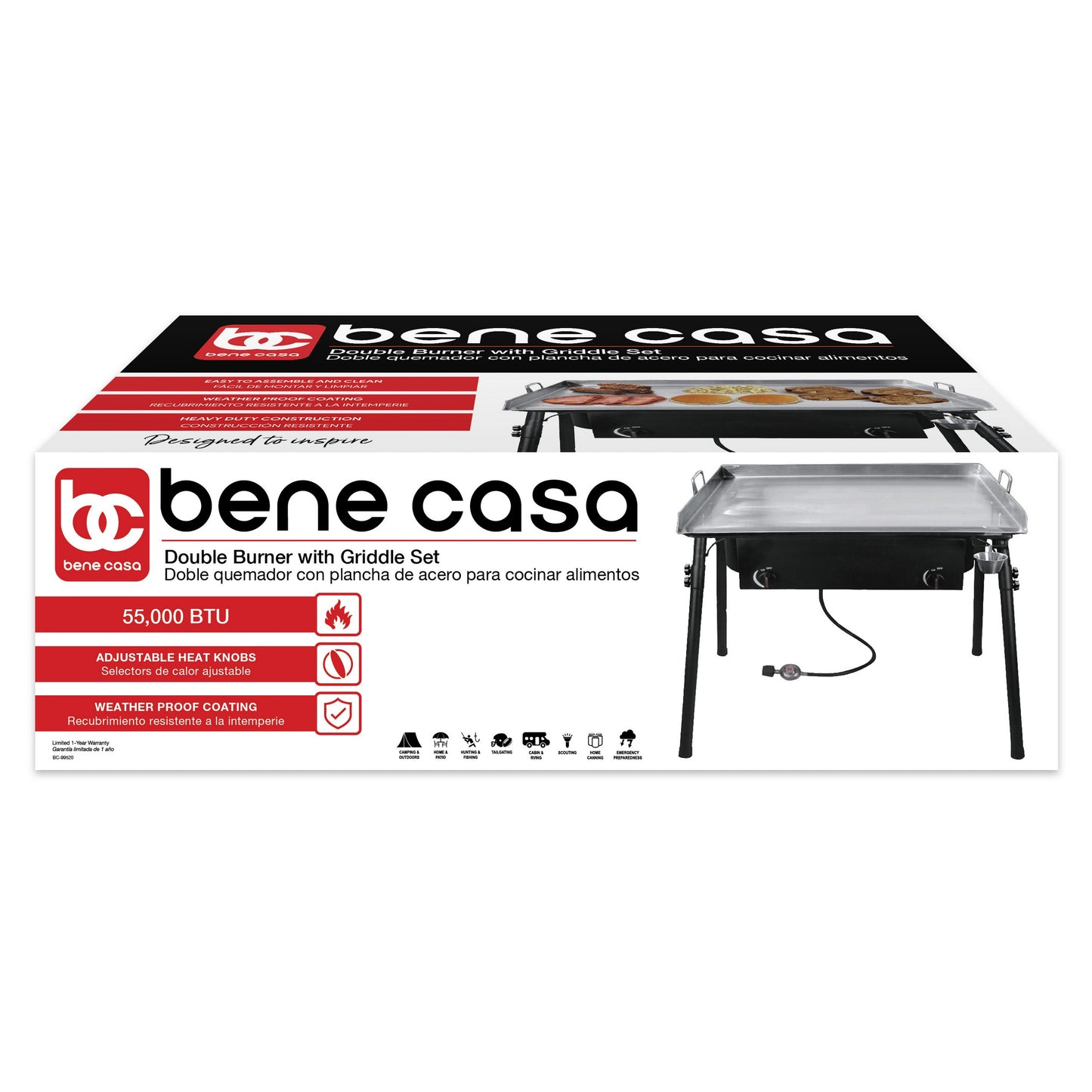 
                  
                    Bene Casa cast-iron double burner with griddle set, stainless steel double griddle, weatherproof, low pressure regulator, 55000 BTU double burner
                  
                