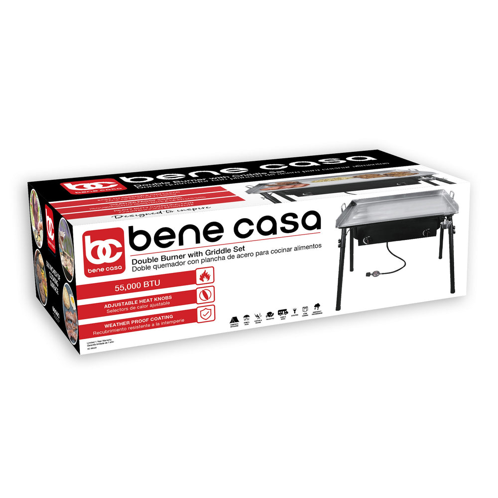 
                  
                    Bene Casa cast-iron double burner with griddle set, stainless steel double griddle, weatherproof, low pressure regulator, 55000 BTU double burner
                  
                