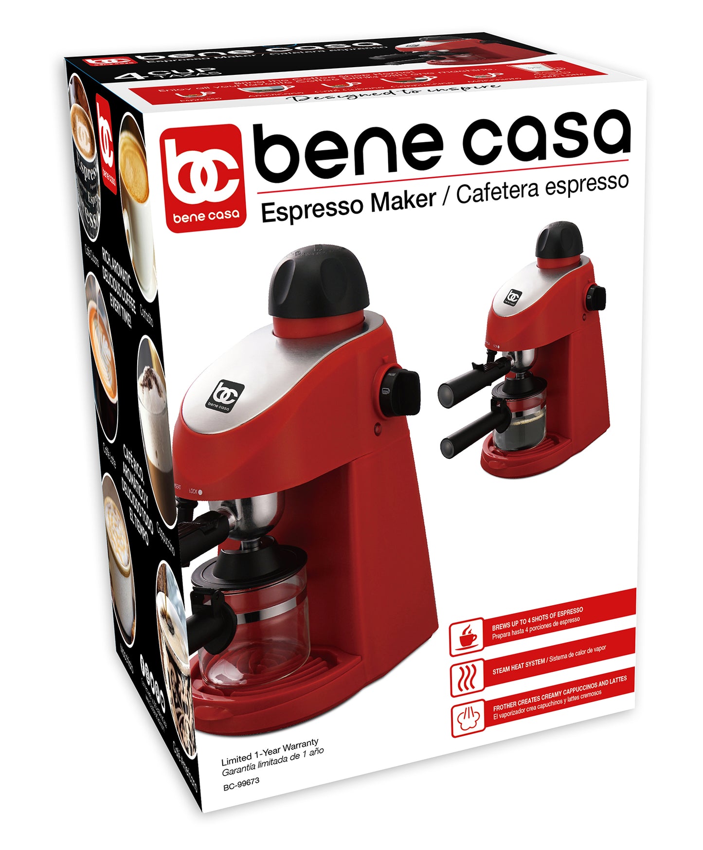Bene Casa - Electric Espresso Maker 1-3 Cup Red, Cafetera Electrica Roja de  3 Tasa Model BC-95514.