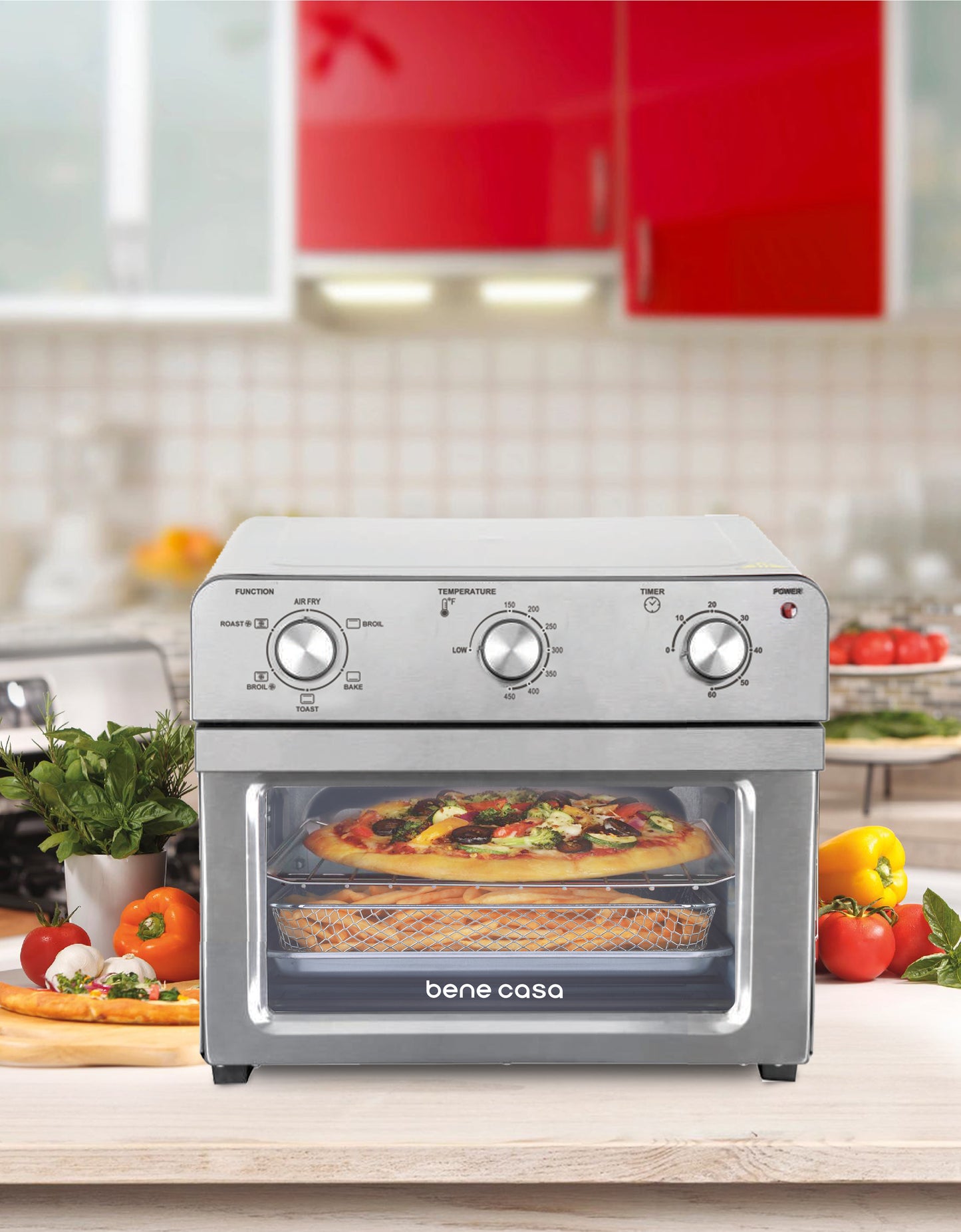 
                  
                    Bene Casa 22L Air Fryer Toaster Oven, Roast, Bake, Broil, Re-heat, Advanced Heat Flow Technology, Stainless Steel, 1500W
                  
                