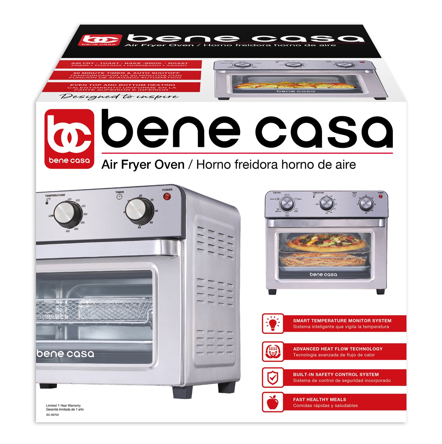 
                  
                    Bene Casa 22L Air Fryer Toaster Oven, Roast, Bake, Broil, Re-heat, Advanced Heat Flow Technology, Stainless Steel, 1500W
                  
                