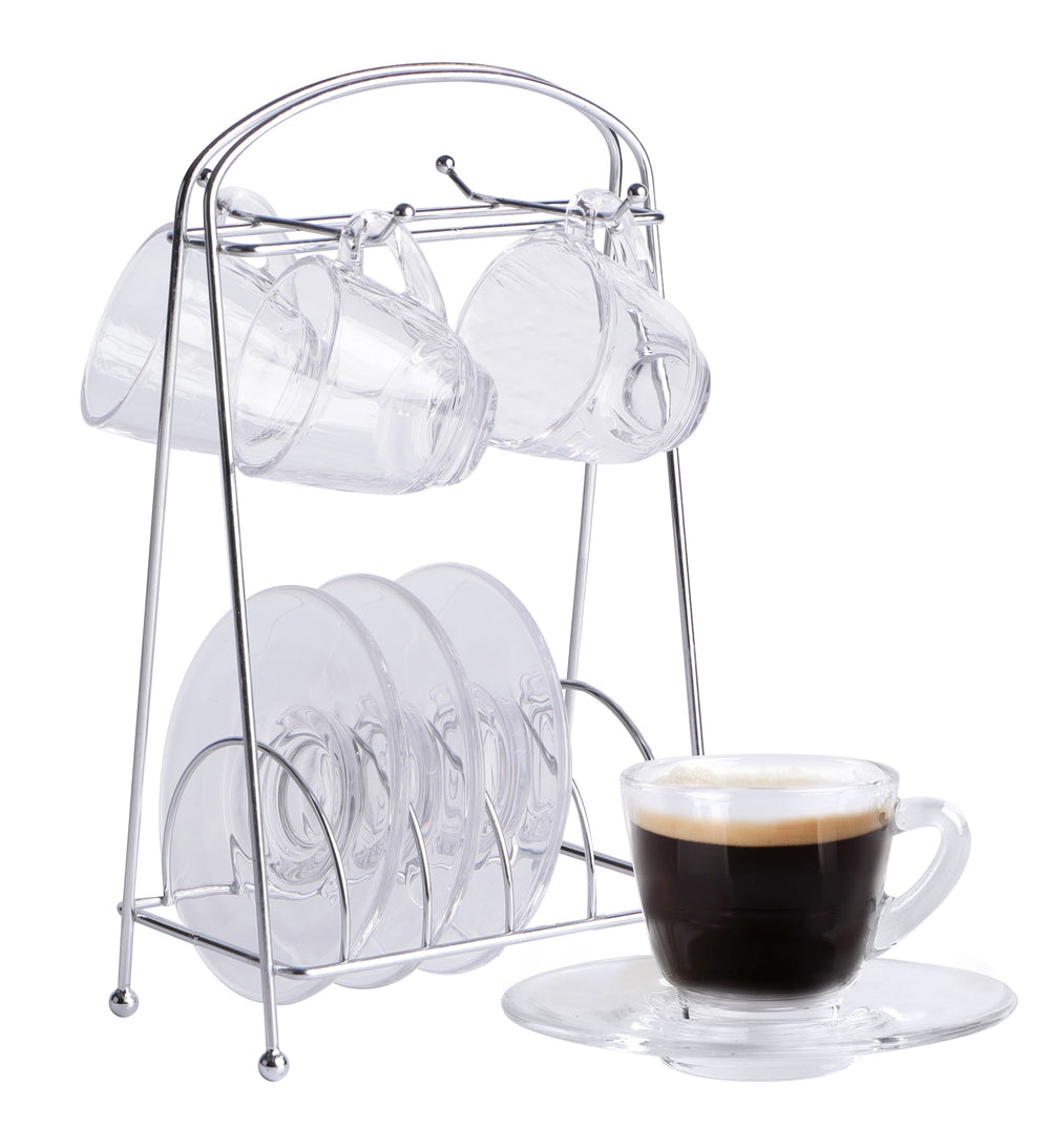 Bene Casa 4-Cup Glass Espresso Set with Coasters and Stainless Steel Rack