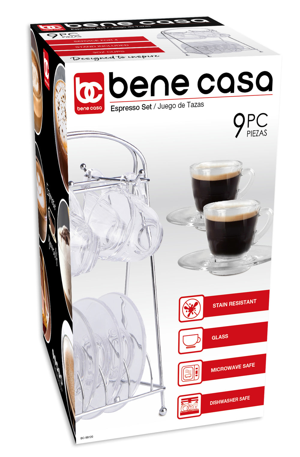 Bene Casa 4-Cup Glass Espresso Set with Coasters and Stainless Steel R