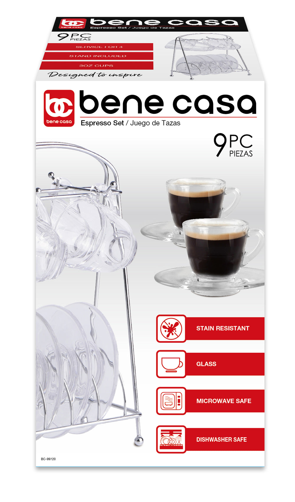 Bene Casa 9-piece Espresso set with rack, 4 espresso cup set, cup and  saucer set,4-person espresso set, dishwasher safe, Black 