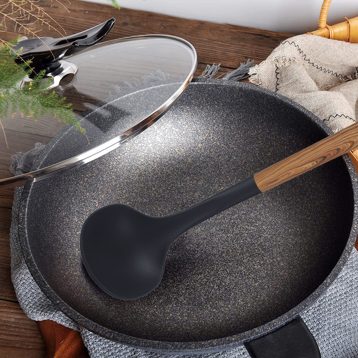 
                  
                    Bene Casa Black Ladle with Wood Like Handle, Heat Resistant
                  
                