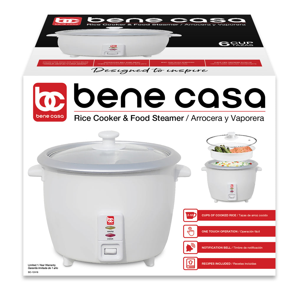 Bene Casa Rice Cooker with glass lid, steamer, auto cut off, keep warm
