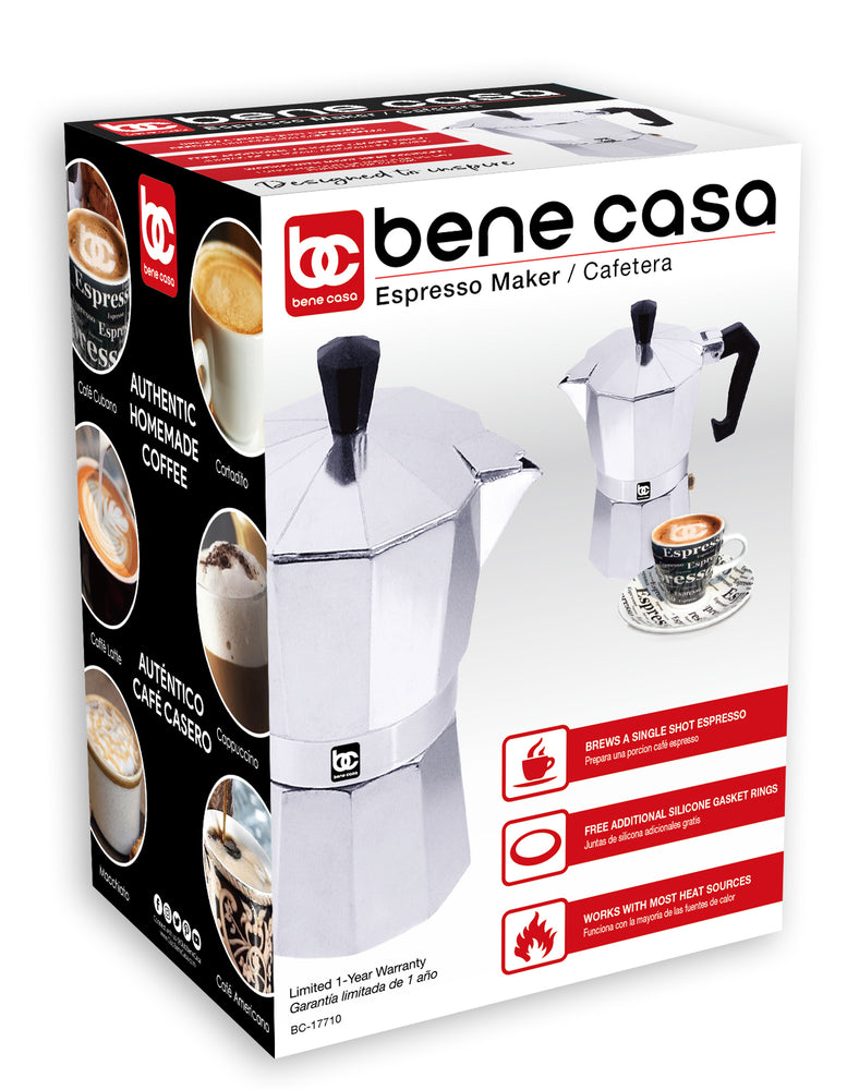 
                  
                    Bene Casa 1 cup aluminum espresso maker, stove top espresso maker, single shot, dishwasher safe espresso maker with side pour spout
                  
                