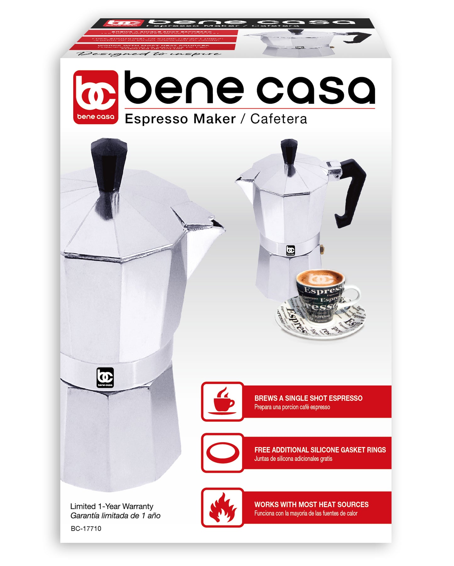 Bene Casa 1 cup aluminum espresso maker, stove top espresso maker, single  shot, dishwasher safe espresso maker with side pour spout 