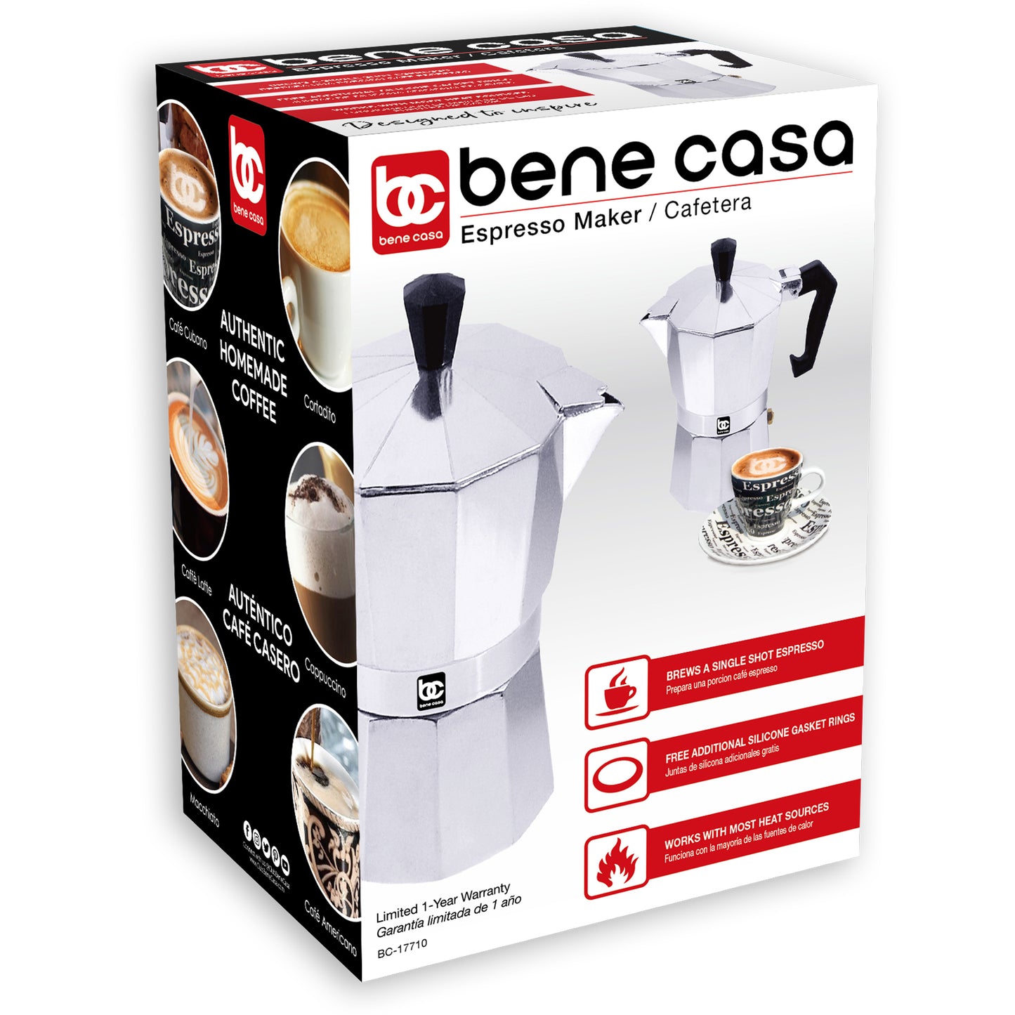 Bene Casa 1 cup aluminum, stovetop, espresso maker w/ side pour spout