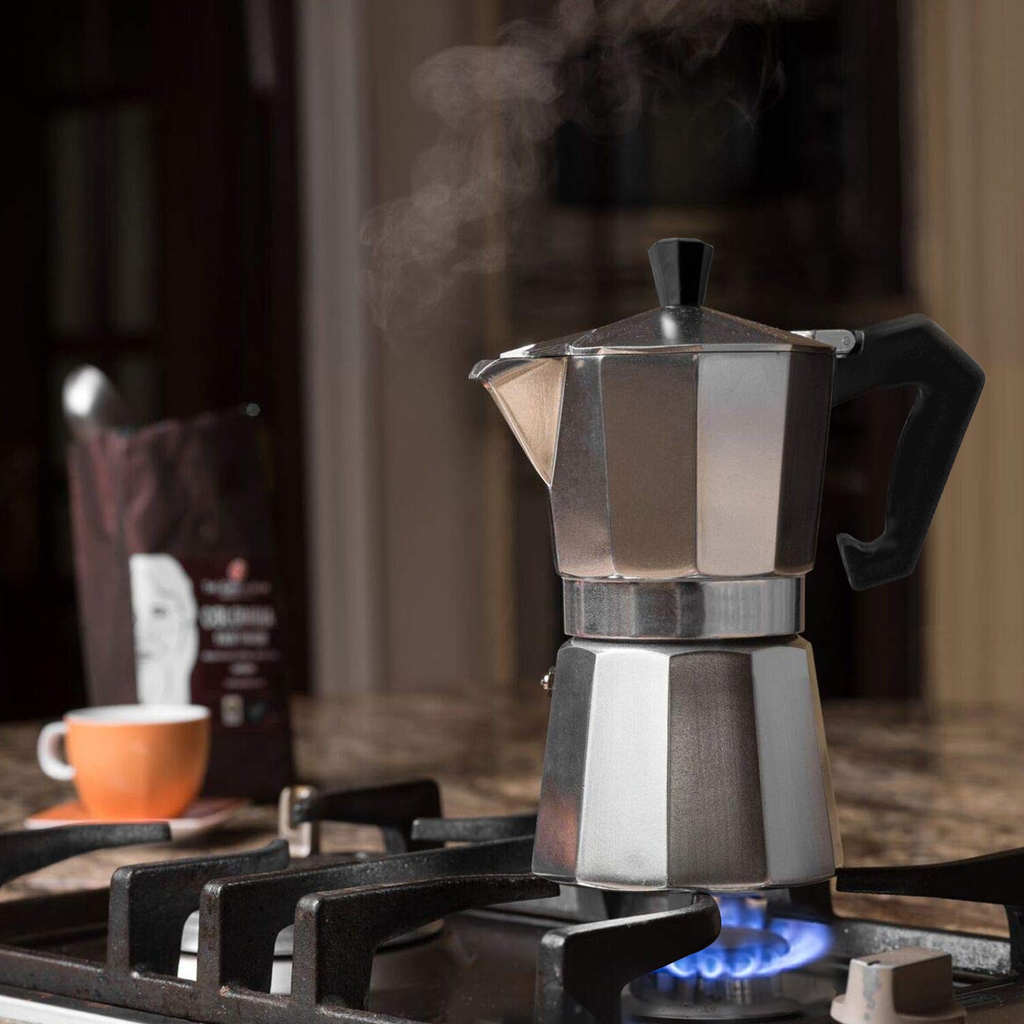 
                  
                    Bene Casa 1 cup aluminum espresso maker, stove top espresso maker, single shot, dishwasher safe espresso maker with side pour spout
                  
                