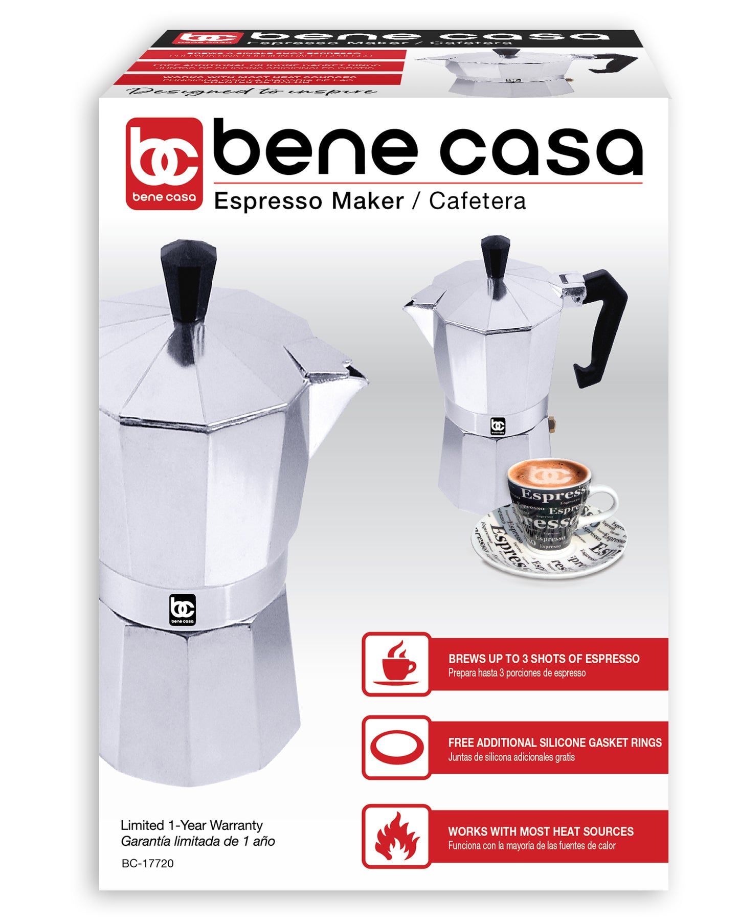 
                  
                    Bene Casa 1 cup aluminum espresso maker, stove top espresso maker, single shot, dishwasher safe espresso maker with side pour spout
                  
                
