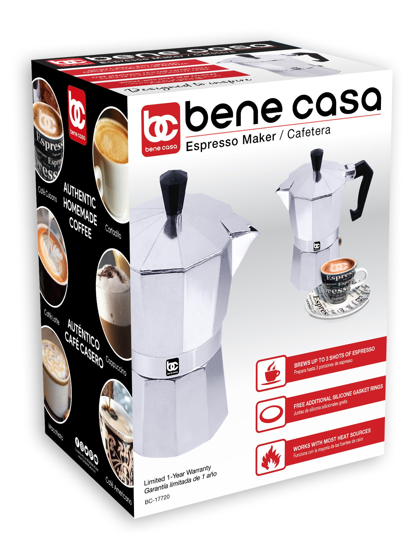 
                  
                    Bene Casa 1 cup aluminum espresso maker, stove top espresso maker, single shot, dishwasher safe espresso maker with side pour spout
                  
                
