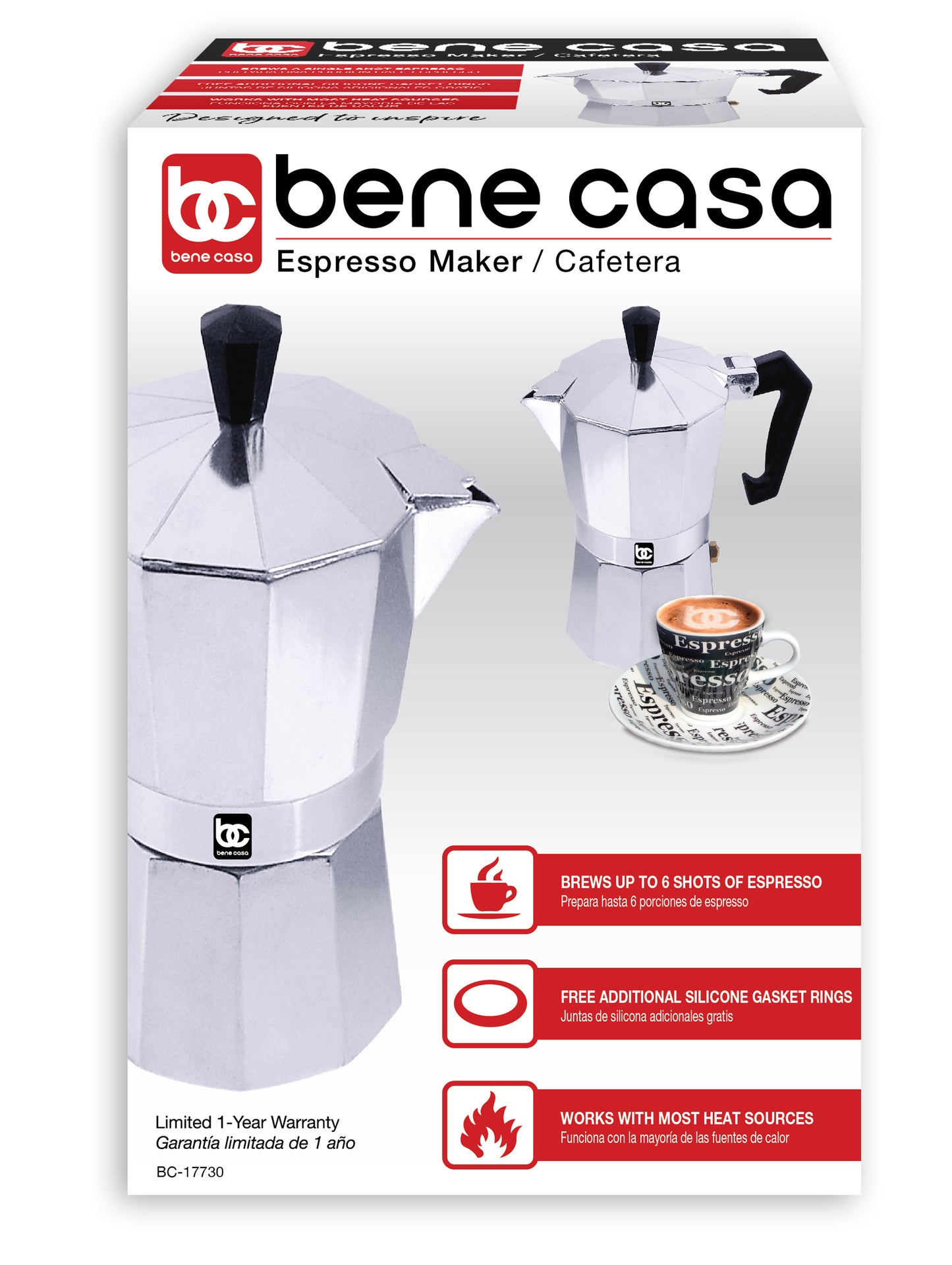 
                  
                    Bene Casa 1 cup aluminum, stovetop, espresso maker w/ side pour spout
                  
                