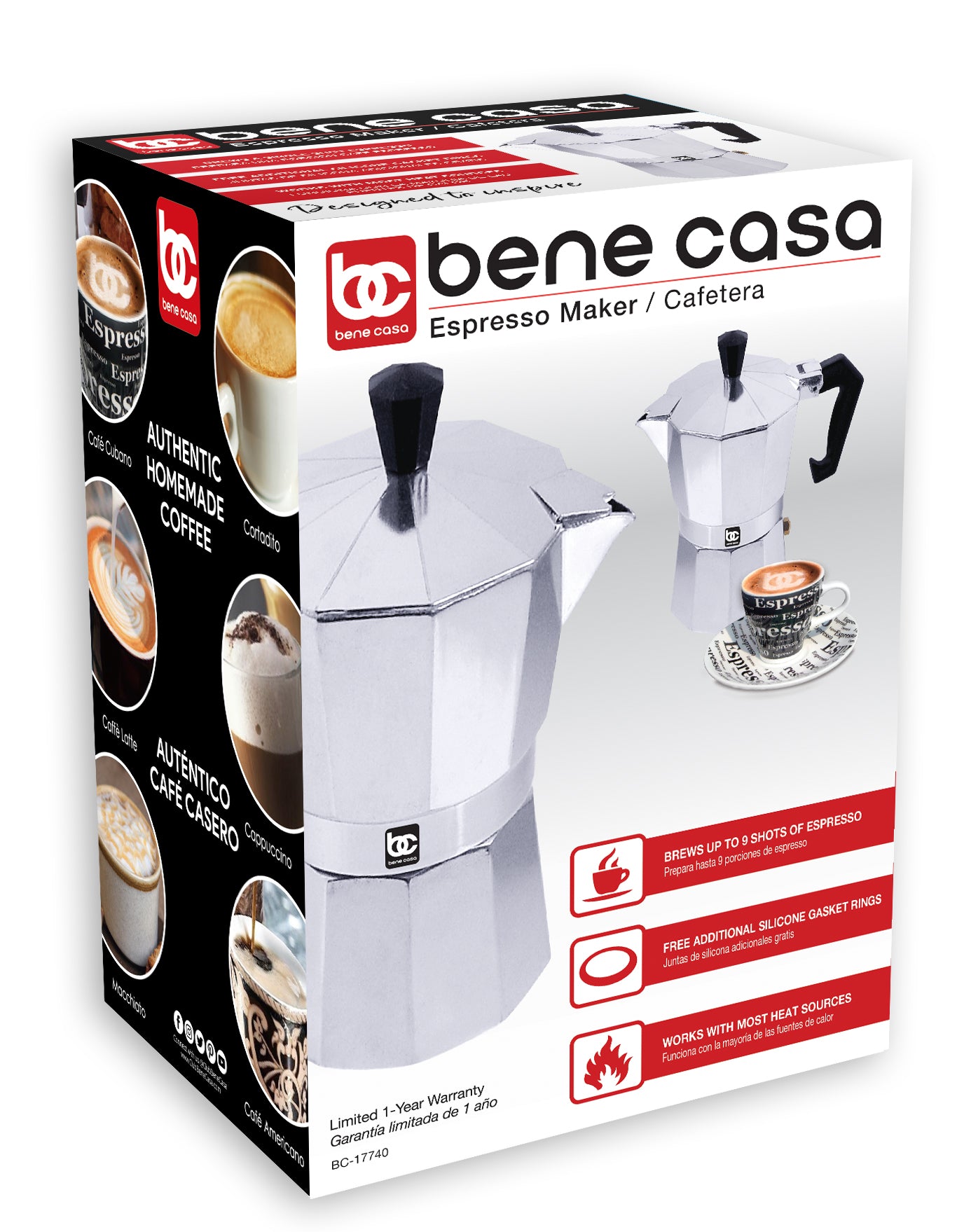
                  
                    Bene Casa 1 cup aluminum espresso maker, stove top espresso maker, single shot, dishwasher safe espresso maker with side pour spout
                  
                