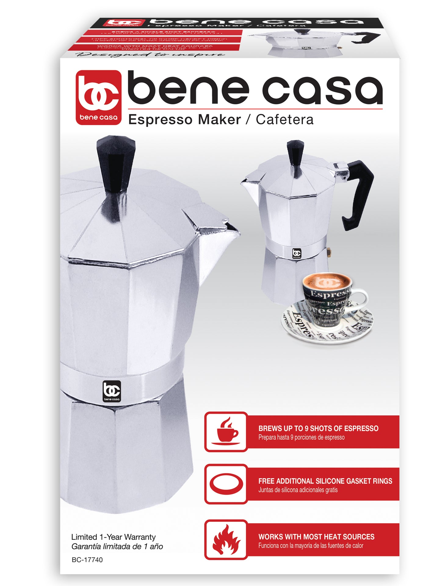 
                  
                    Bene Casa 1 cup aluminum espresso maker, stove top espresso maker, single shot, dishwasher safe espresso maker with side pour spout
                  
                
