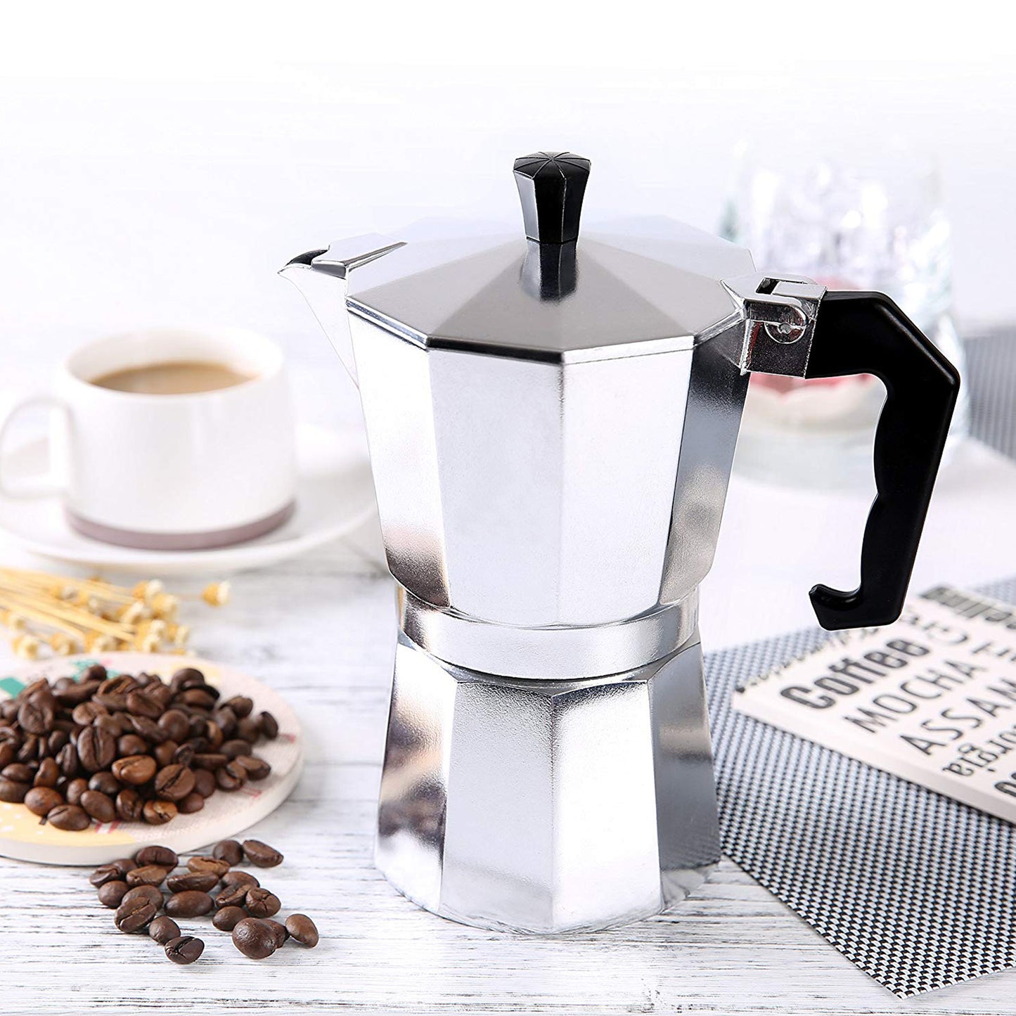 
                  
                    Bene Casa 1 cup aluminum espresso maker, stove top espresso maker, single shot, dishwasher safe espresso maker with side pour spout
                  
                