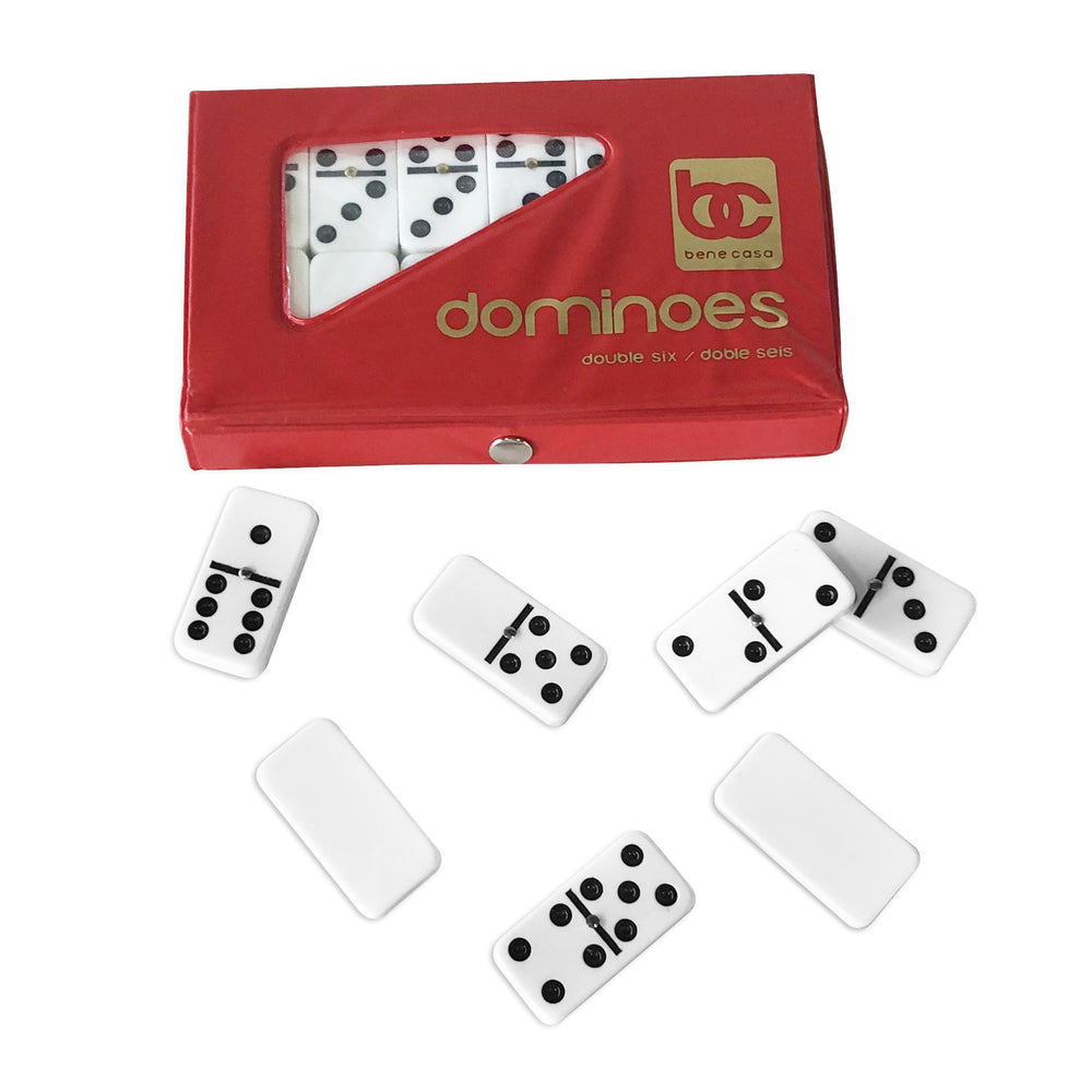 Bene Casa Double 6 Domino set w/ storage pouch, handcrafted, white dominoes