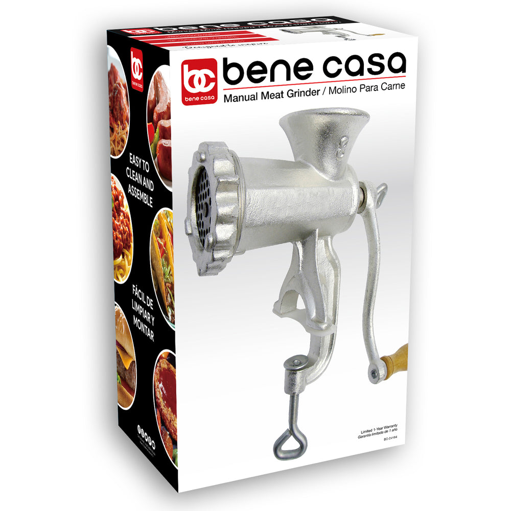 
                  
                    Bene Casa #8 manual meat grinder, cast iron meat grinder, built-in clamp large meat grinder with wooden handle, durable construction for long life
                  
                