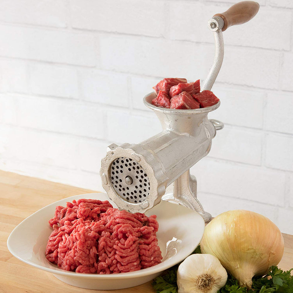 Bene Casa #8 Manual Meat Grinder, Cast Iron, Built-in Clamp w/ Wooden Handle