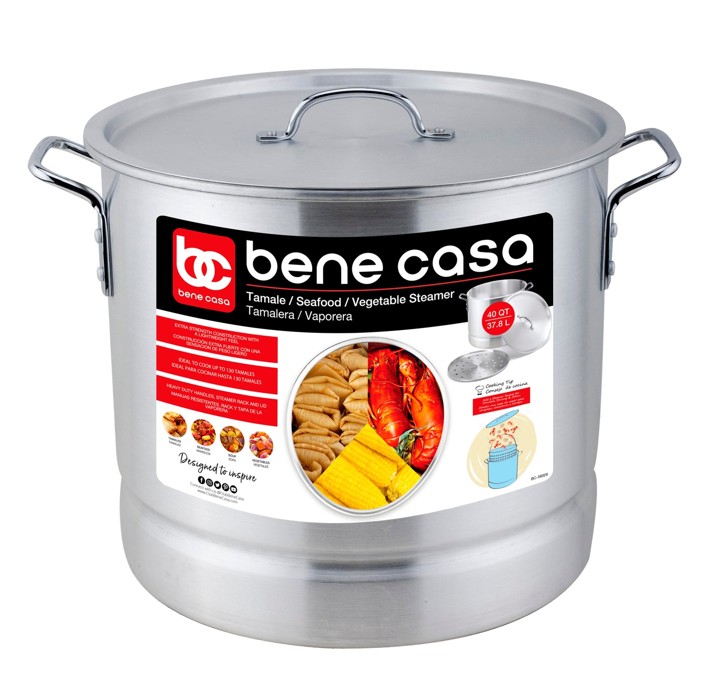 Bene Casa Stainless-Steel Stock Pot w/ lid, 8-quart capacity, reinforced  bottom