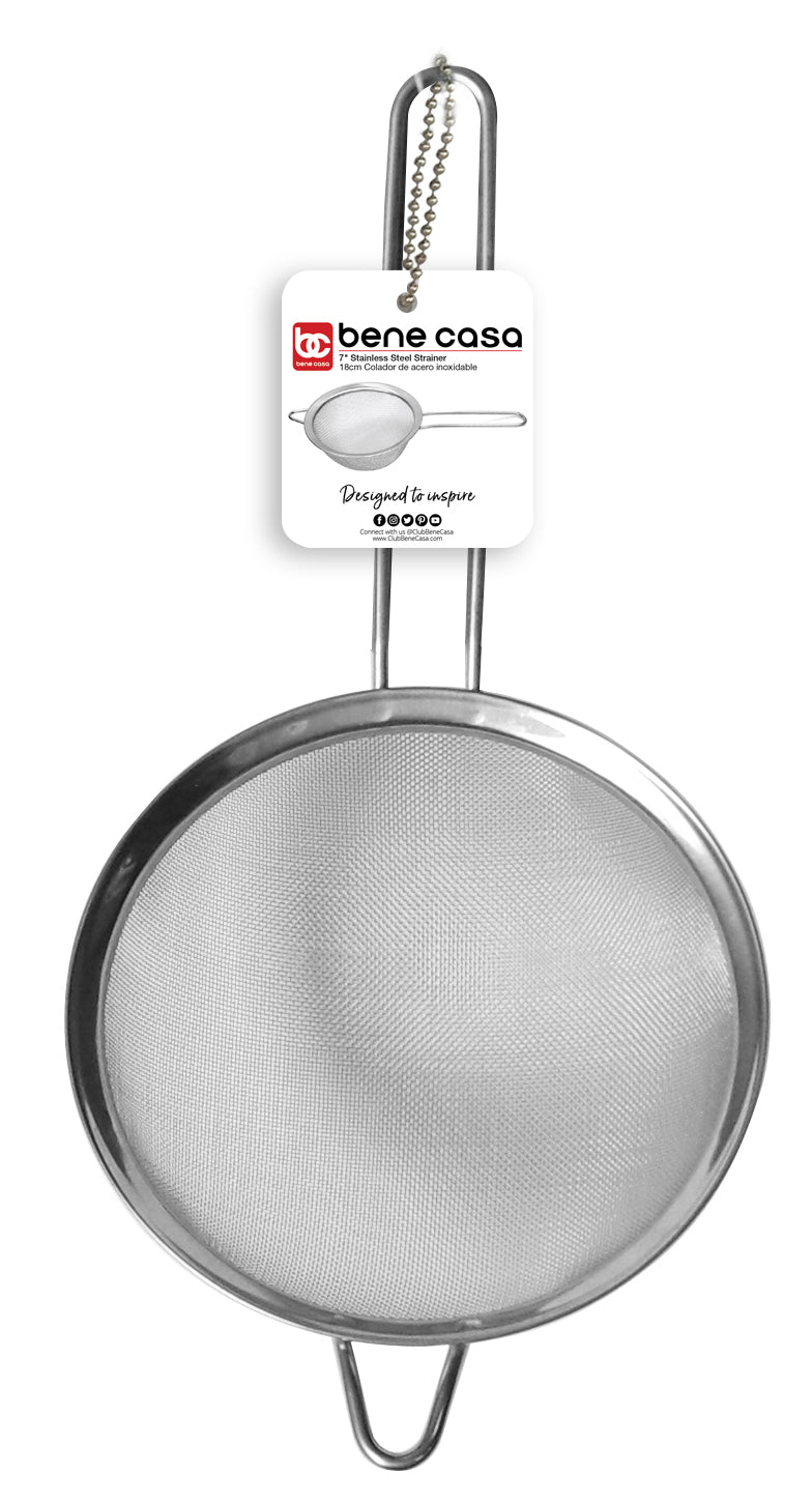 
                  
                    Bene Casa 7-inch stainless-steel strainer, fine mesh strainer, resting ring, double handle strainer, secure grip strainer, dishwasher safe
                  
                