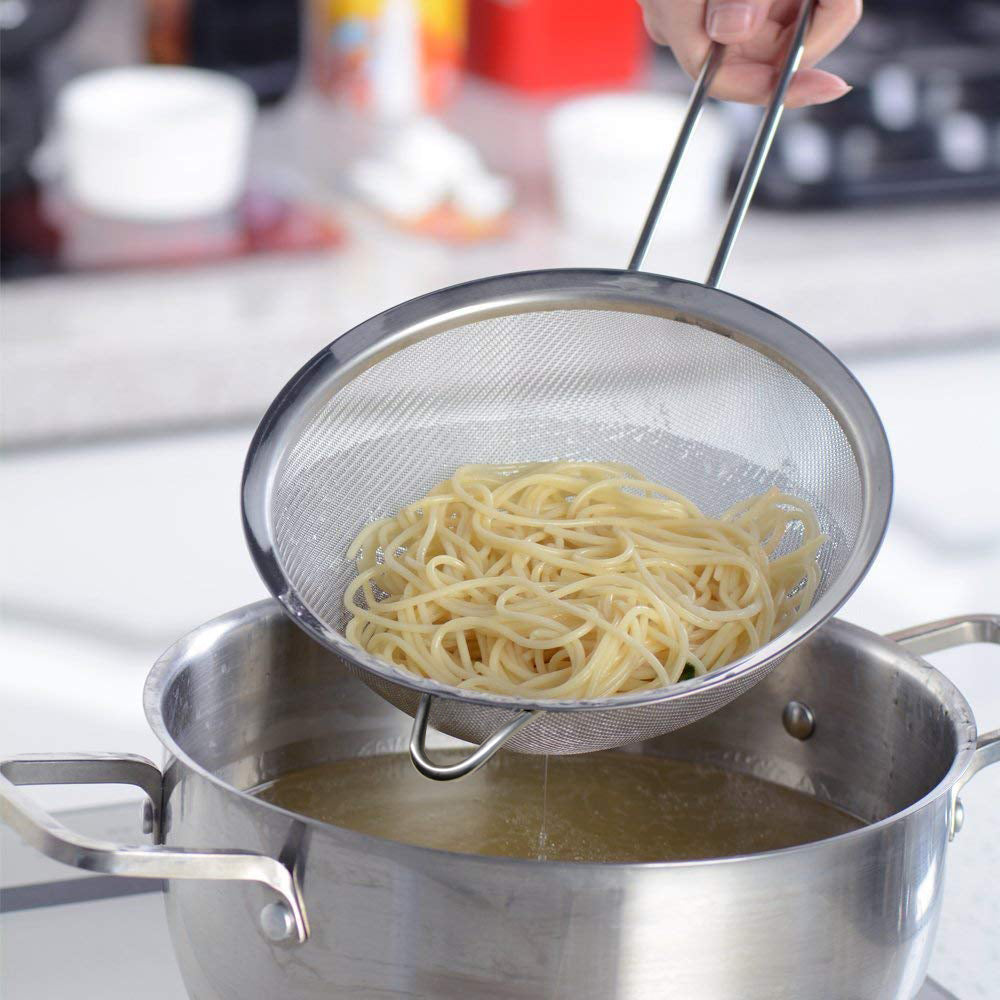 
                  
                    Bene Casa 7-inch stainless-steel strainer, fine mesh strainer, resting ring, double handle strainer, secure grip strainer, dishwasher safe
                  
                