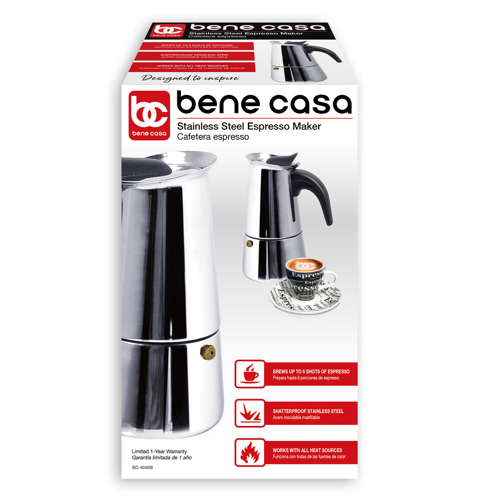 
                  
                    Bene Casa stainless-steel 6-cup stove top espresso maker, dishwasher safe
                  
                