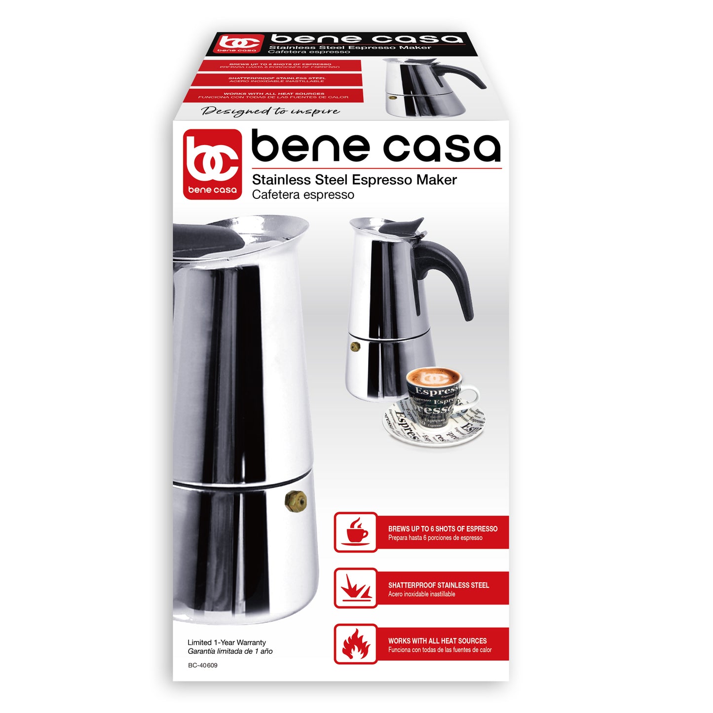 
                  
                    Bene Casa stainless-steel 6-cup espresso maker with black handle, contemporary design espresso maker, stovetop espresso, easy clean, dishwasher safe
                  
                