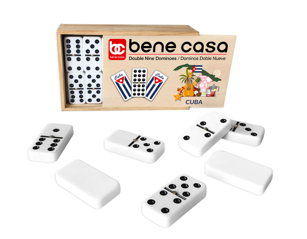 
                  
                    Bene Casa handcrafted double 9, 55-tile domino set with wooden box, Cuban flag motif dominos, white dominoes, brass spinner dominoes
                  
                