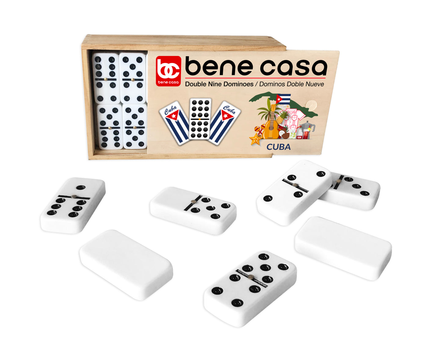 
                  
                    Bene Casa double 9 domino set includes 55 handcrafted tiles w/ wooden box, Cuban flag motif
                  
                