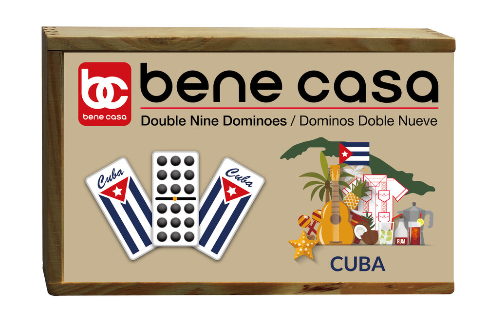 Bene Casa handcrafted double 9,55-tile domino set w/ wooden box,Cuban flag motif