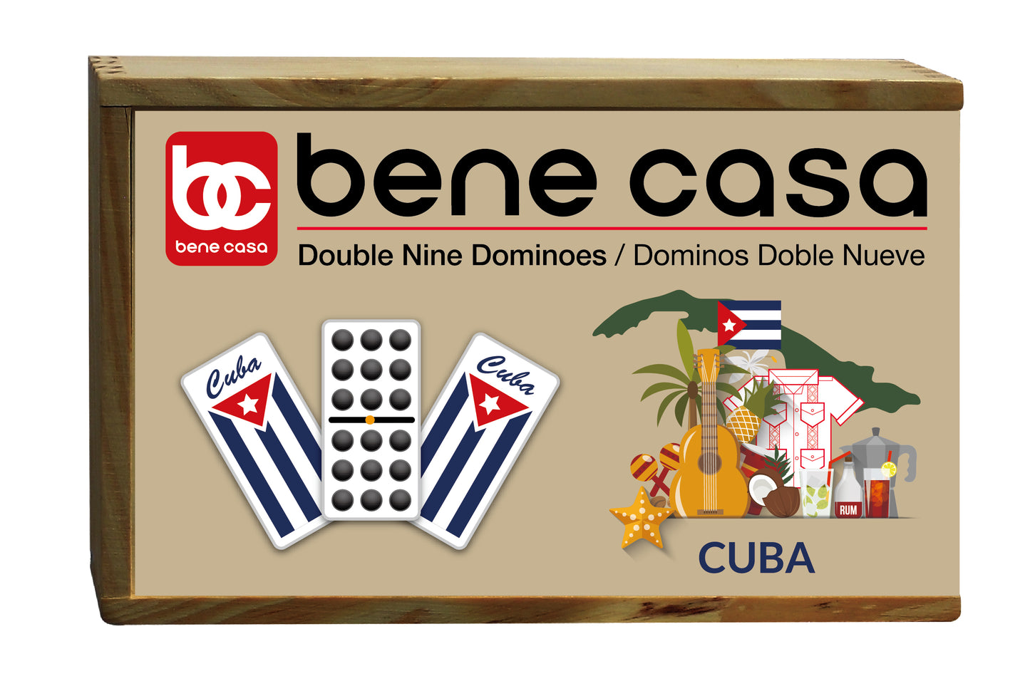 
                  
                    Bene Casa handcrafted double 9, 55-tile domino set with wooden box, Cuban flag motif dominos, white dominoes, brass spinner dominoes
                  
                