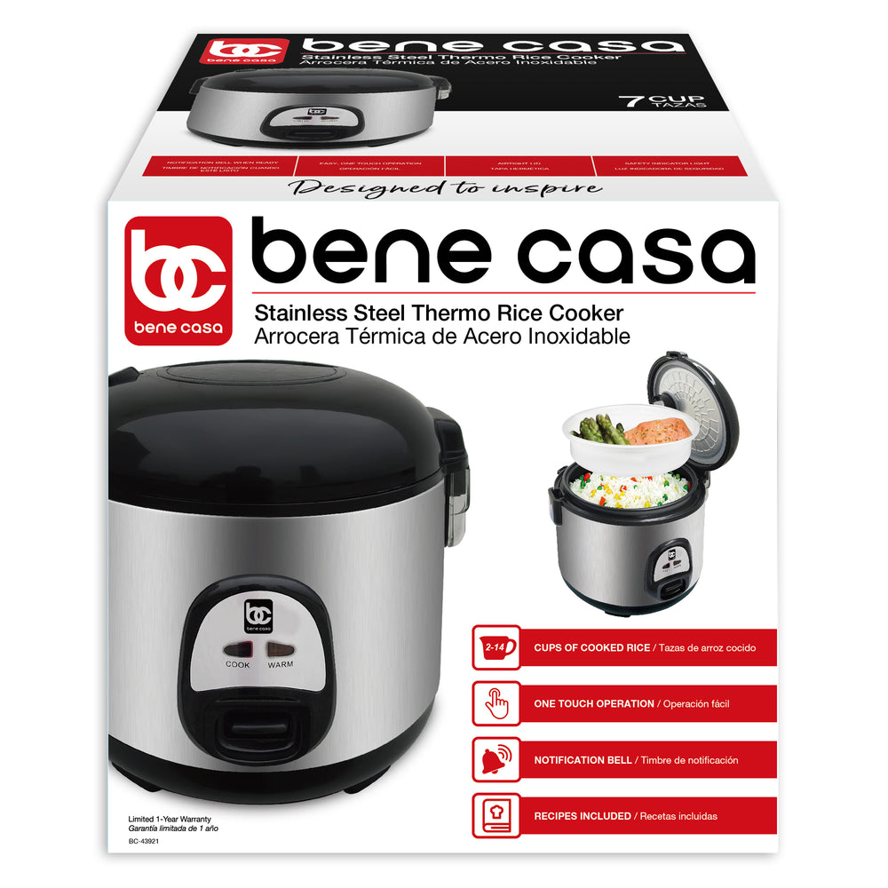 Bene Casa 7 cup stainless-steel thermo rice cooker, stainless steel and  black design, cool touch rice cooker, simple operation, dishwasher safe.