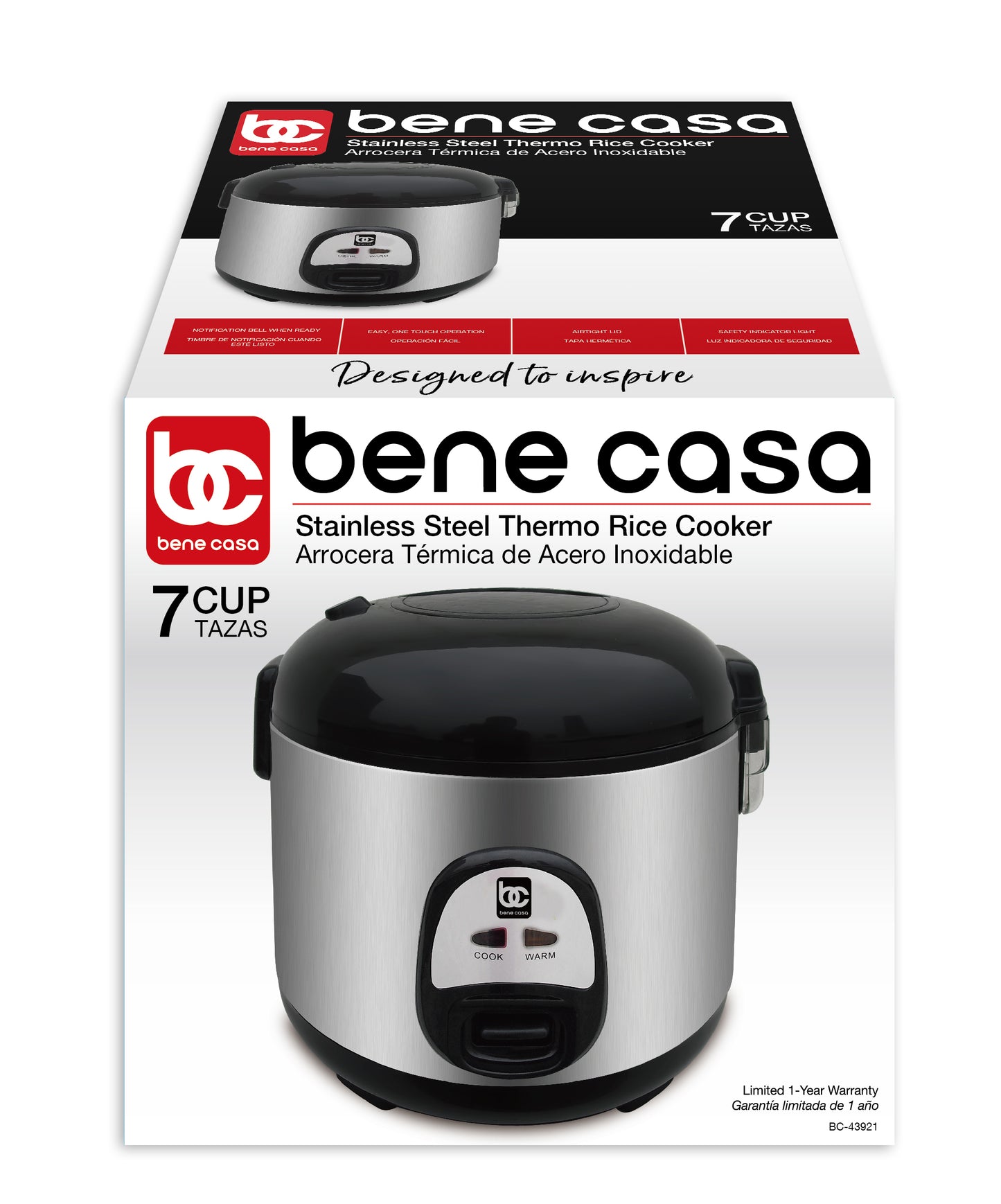 Bene Casa Rice Cooker with glass lid, steamer, auto cut off, keep warm