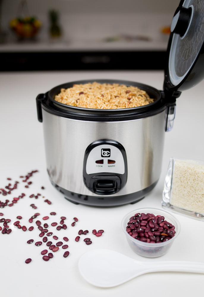 
                  
                    Bene Casa 7 cup stainless-steel thermo rice cooker, stainless steel and black design, cool touch rice cooker, simple operation, dishwasher safe
                  
                