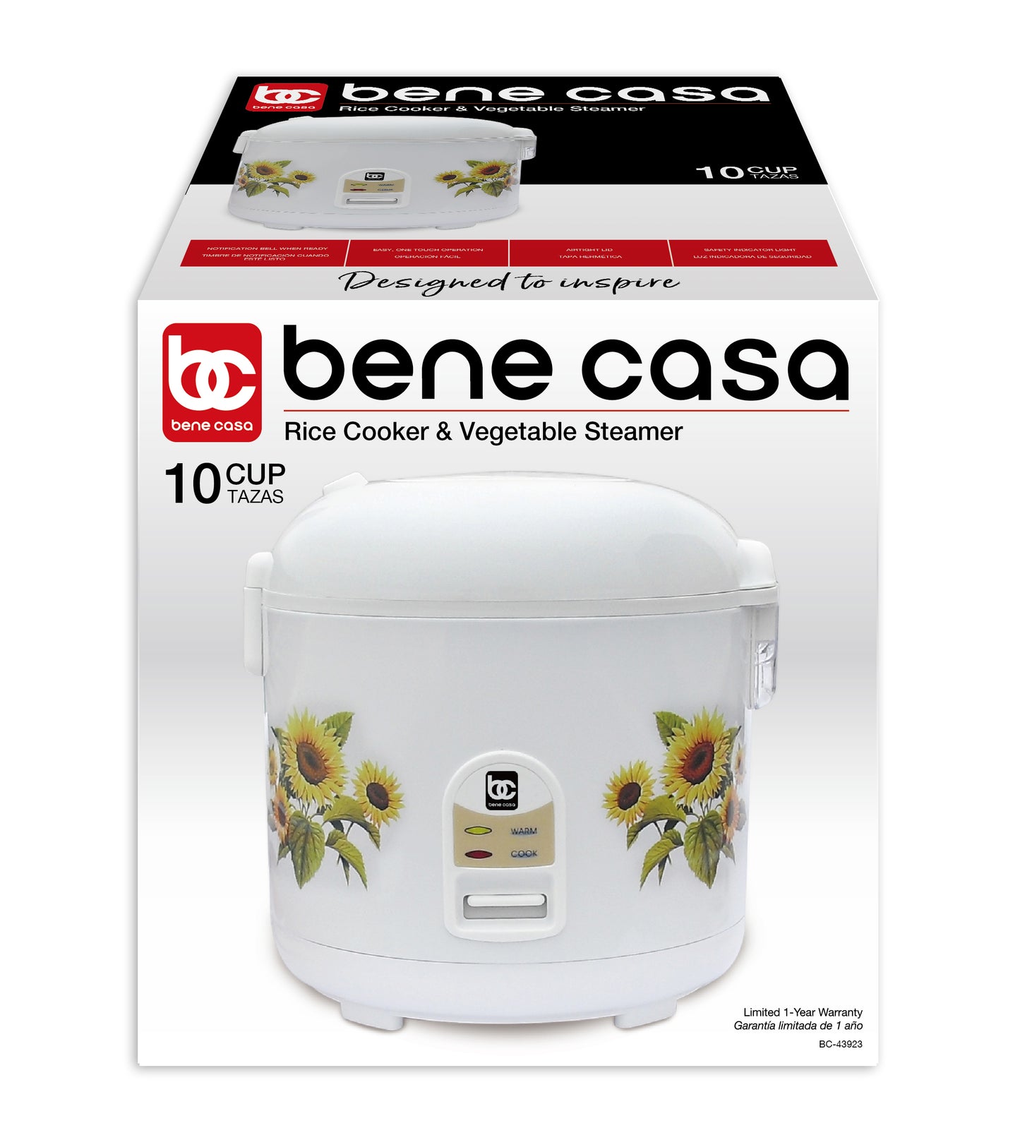 Bene Casa Rice Cooker with glass lid, steamer, auto cut off, keep warm